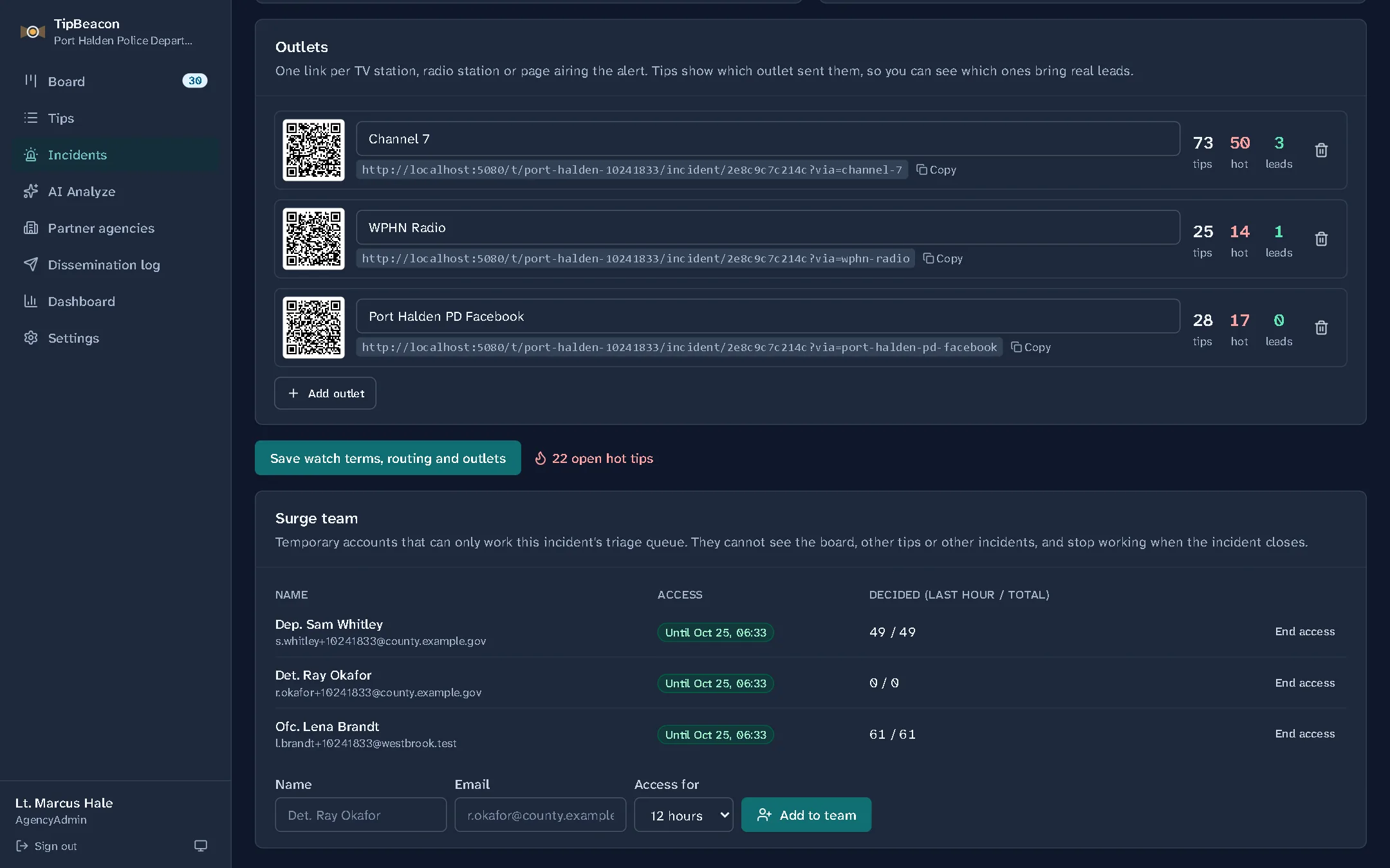 An incident's station links, each with its own QR code and counts of tips, hot tips and leads, above the incident's temporary surge team.